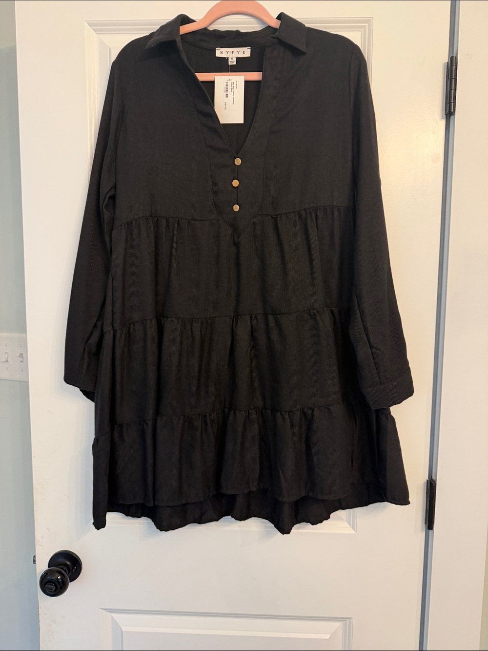 HYFVE Black Tiered Mini Dress with Button Placket